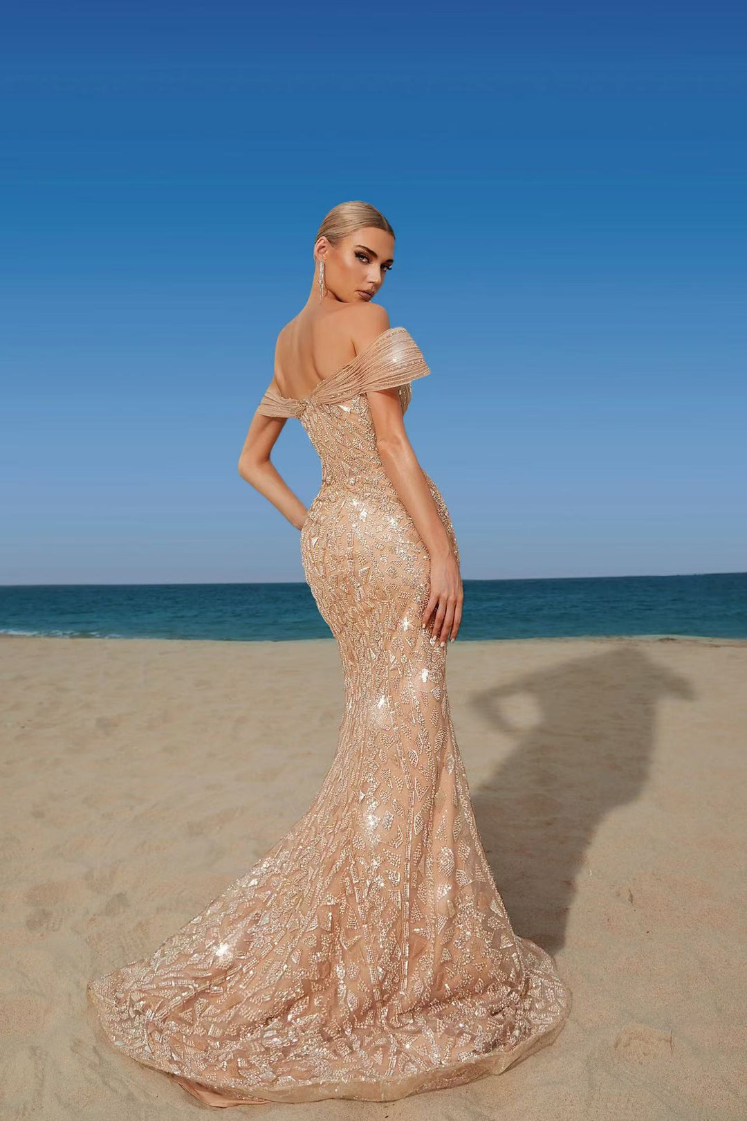 Champagne Sequin Off-Shoulder Evening Gown - Mermaid Silhouette Sparkly Maxi Dress - Designer Sequin Dress Plus Size