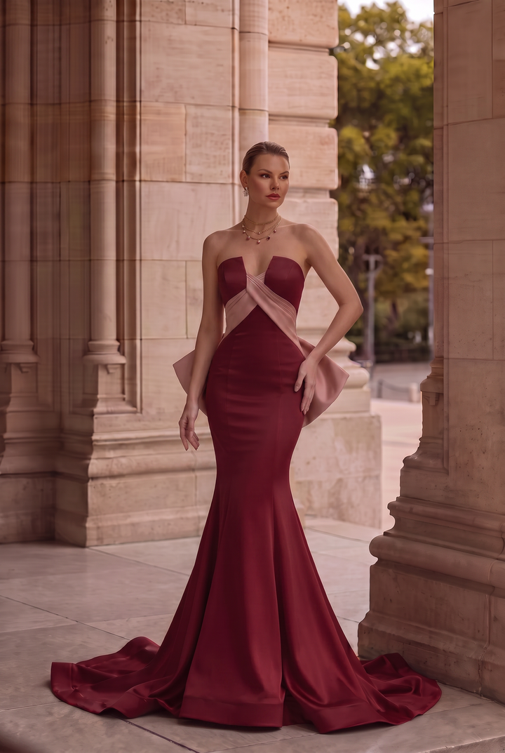 BROWN RED SATIN MERMAID PROM DRESS WITH Bow Tie Train - Corset EVENING GOWN PLUS SIZE