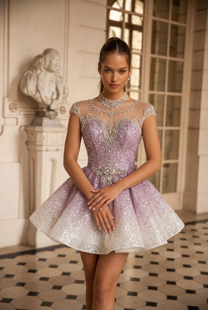 Dusty Rose Pink Short Glitter Dress with Illusion Neckline – Sparkly Sequin Evening Dress with Corset Back Plus Size