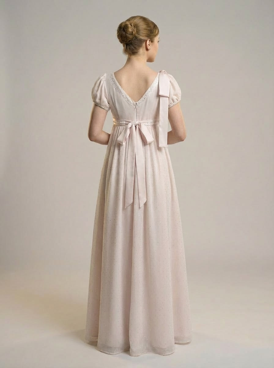 Regency Era Ivory Empire Waist Satin Dress with Puff Sleeves and Square Neckline  Vintage Inspired Gown Plus Size Size 28W / Ivory / Without Shawl