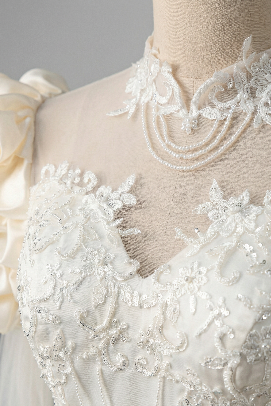 Antique White Modest Wedding Dress With Floral Satin - Vintage Wedding Dress