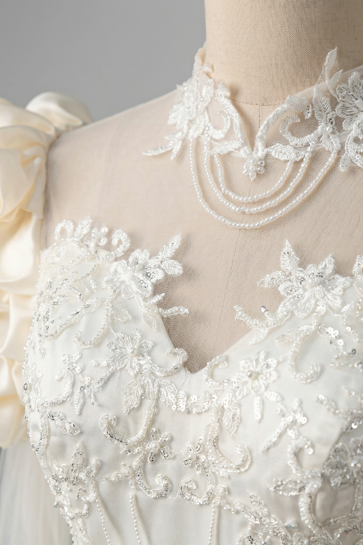 Antique White Modest Wedding Dress With Floral Satin - Vintage Wedding Dress