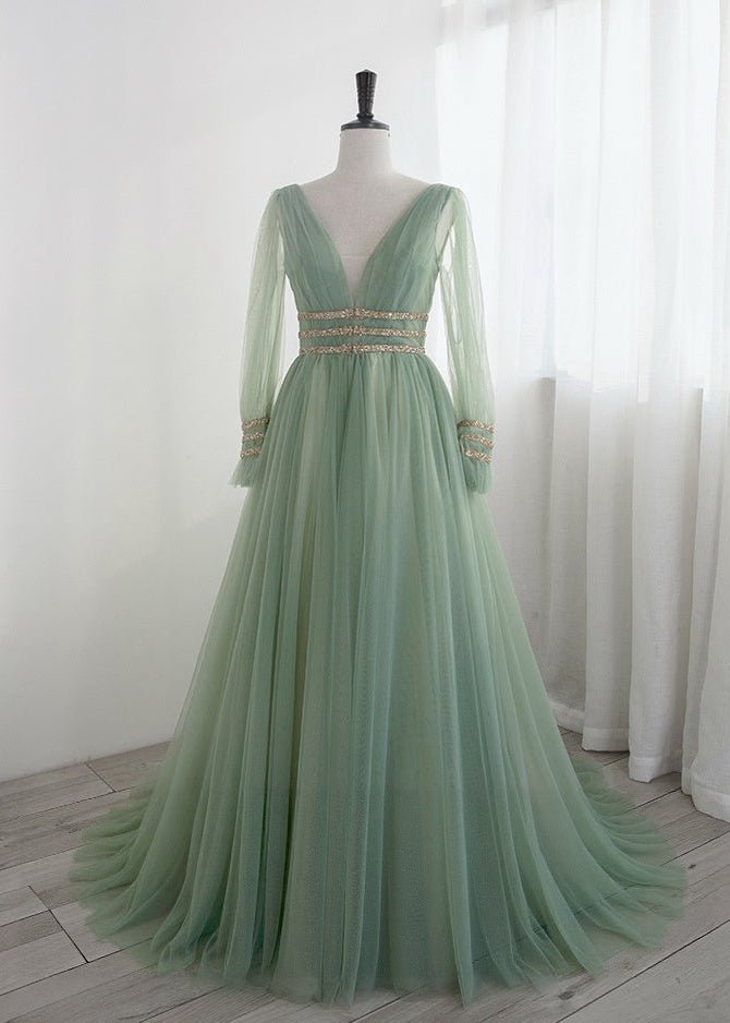 Fairy Sage Green Long Sleeves Evening Dress with V - Neck and Tulle – A - Line Evening Dress with Gold Plus Size - WonderlandByLilian