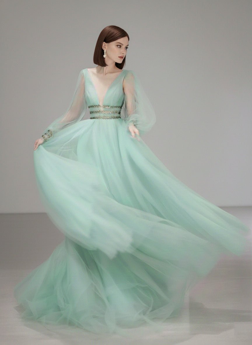 Fairy Sage Green Long Sleeves Evening Dress with V - Neck and Tulle – A - Line Evening Dress with Gold Plus Size - WonderlandByLilian