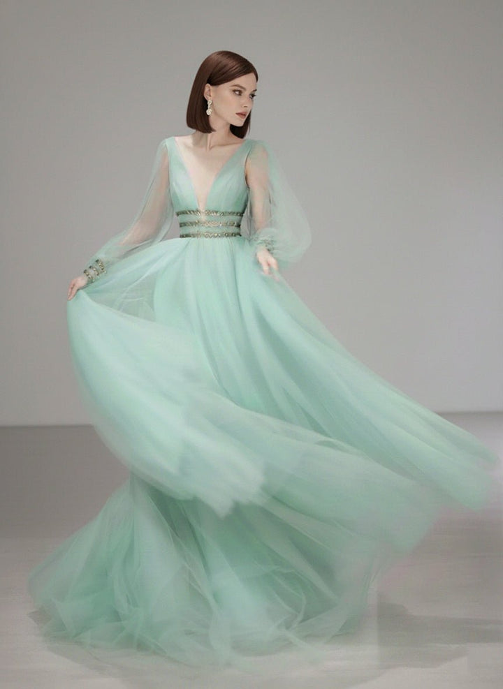 Fairy Sage Green Long Sleeves Evening Dress with V - Neck and Tulle – A - Line Evening Dress with Gold Plus Size - WonderlandByLilian