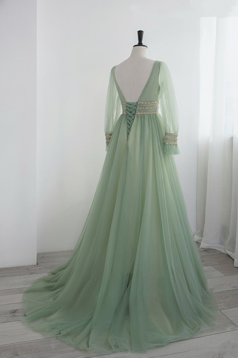 Fairy Sage Green Long Sleeves Evening Dress with V - Neck and Tulle – A - Line Evening Dress with Gold Plus Size - WonderlandByLilian