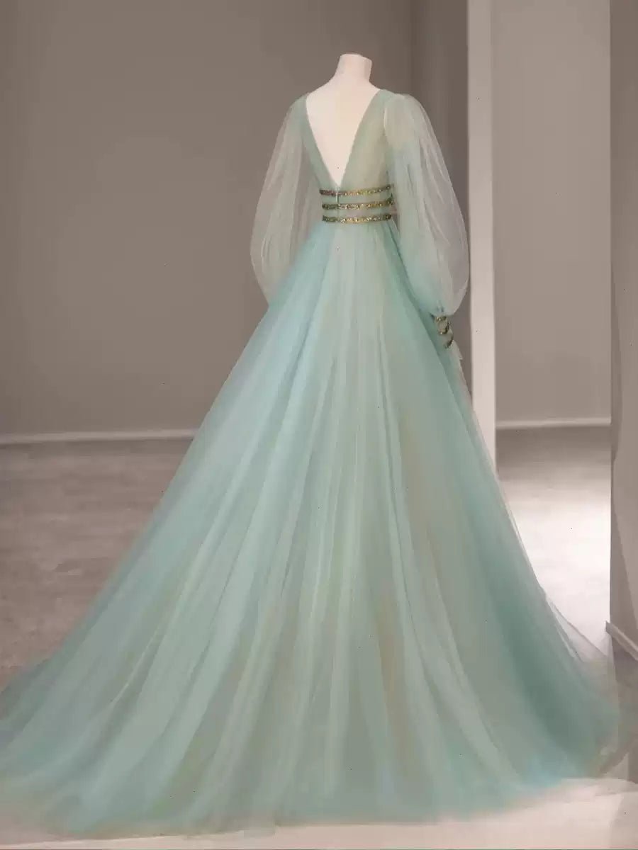 Fairy Sage Green Long Sleeves Evening Dress with V - Neck and Tulle – A - Line Evening Dress with Gold Plus Size - WonderlandByLilian