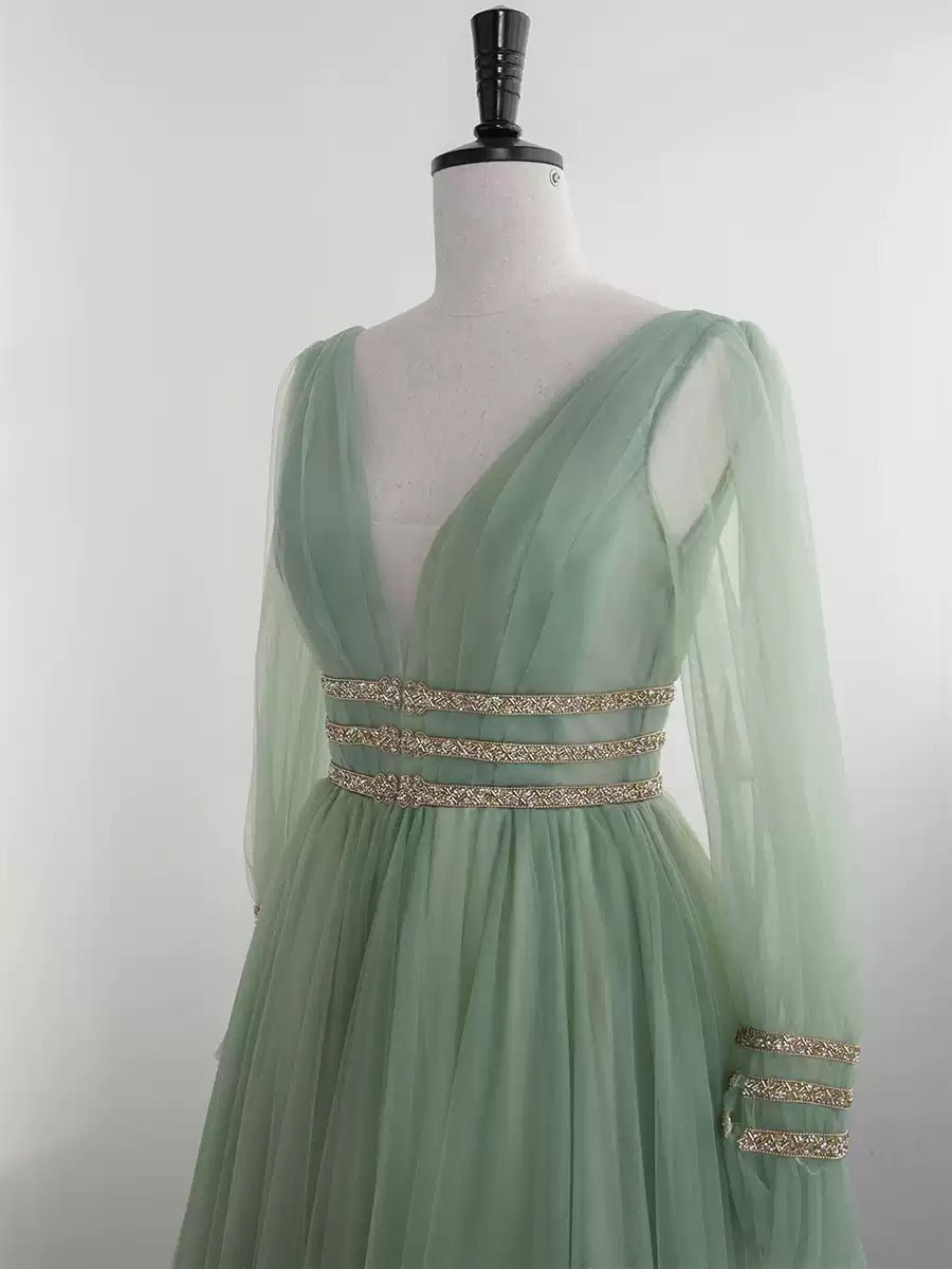 Fairy Sage Green Long Sleeves Evening Dress with V - Neck and Tulle – A - Line Evening Dress with Gold Plus Size - WonderlandByLilian
