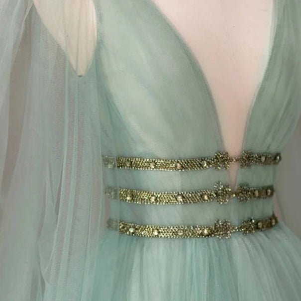 Fairy Sage Green Long Sleeves Evening Dress with V - Neck and Tulle – A - Line Evening Dress with Gold Plus Size - WonderlandByLilian