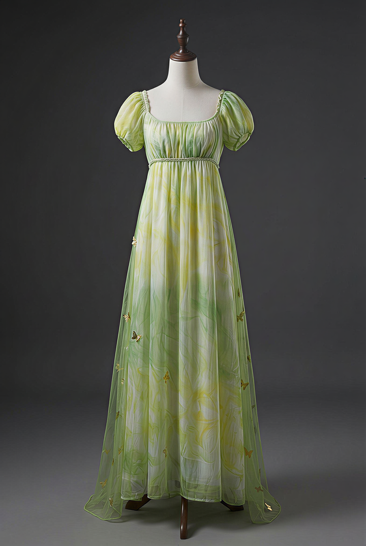 Regency Era Green Butterfly Embroidered Empire Waist Vintage Gown with Puff Sleeves – Bridgerton Inspired Dress Plus Size