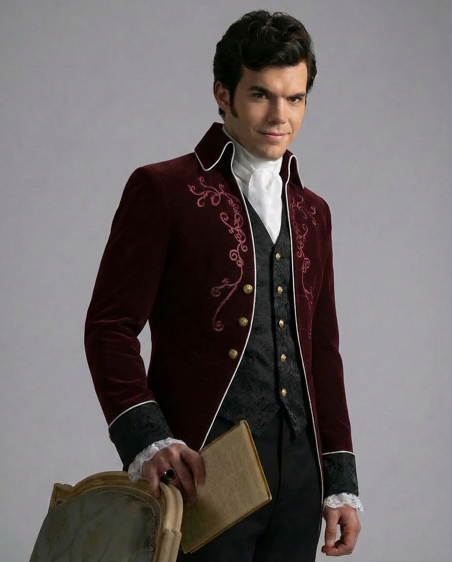 Victorian Gothic British Court Velvet Embroidered Jacquard Tuxedo Coat for Men Plus Size – Black or Burgundy Velvet