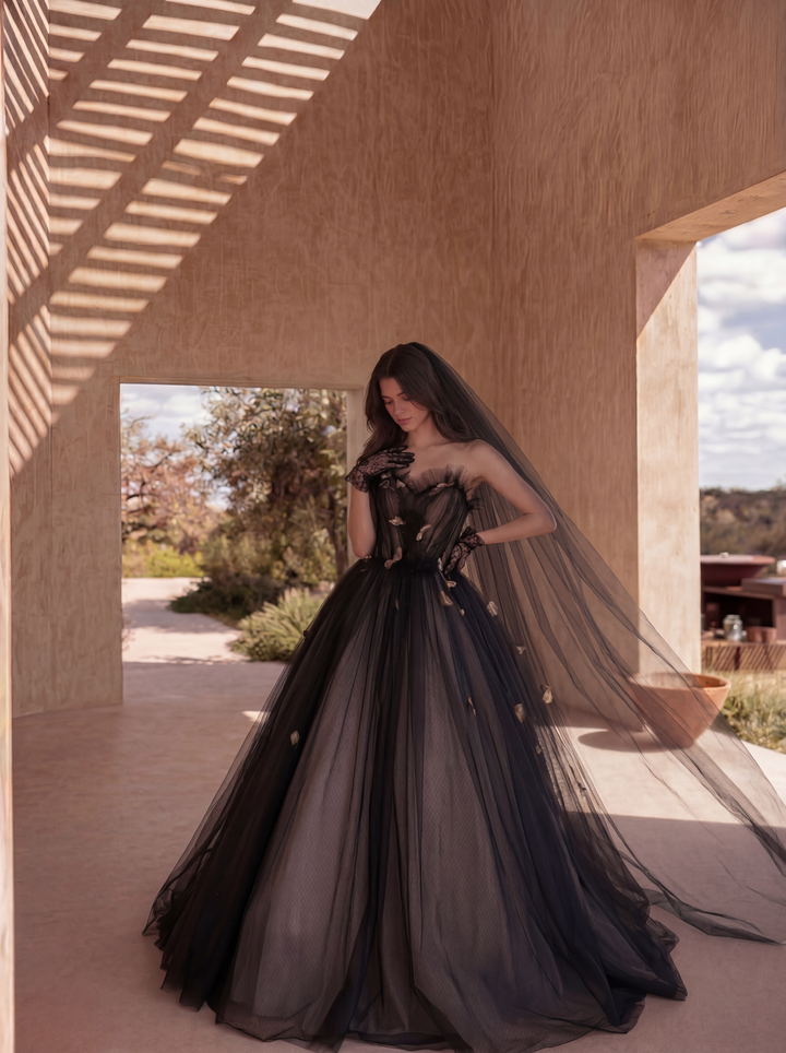 Black Gothic Ball Gown With Feather Lace -  Gothic Fairy Wedding Dress Plus Size