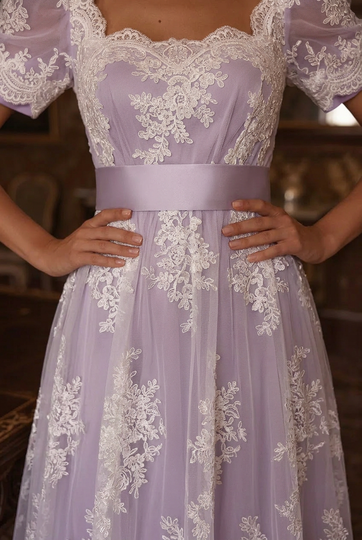 Bridgerton Lavender Regency Dress With Lace- Regency Era Purple Ball Gown Plus Size