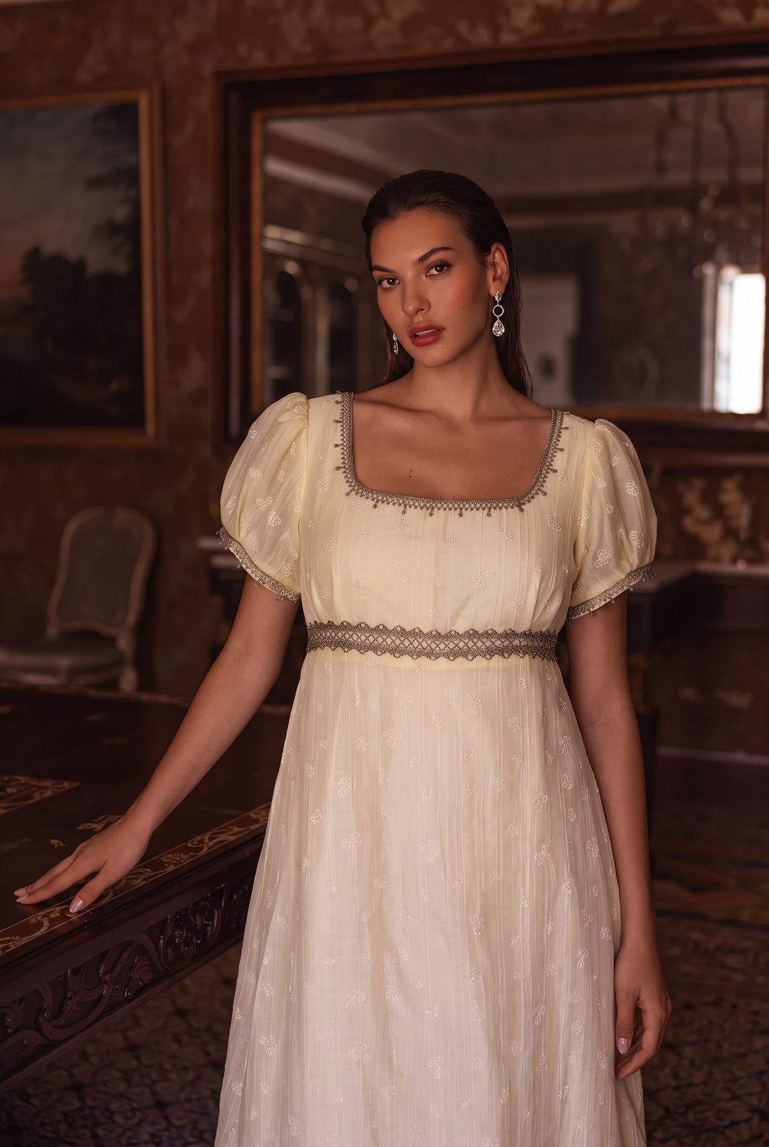 Regency Era White Embroidered Empire Waist Gown with Puff Sleeves and Lace Trim – Bridgerton Inspired Vintage Dress Plus Size