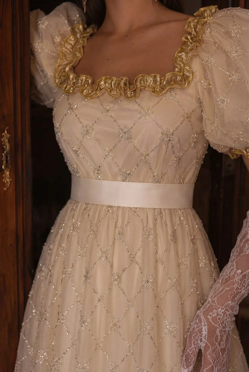 Romantic Beige Organza Regency Ball Gown - Bridgerton Gold Regency Dress Wedding - Vintage Museum Historical Gown Plus Size Romantic Beige Organza Regency Ball Gown - Bridgerton Gold Regency Dress Wedding - Vintage Museum Historical Gown Plus Size