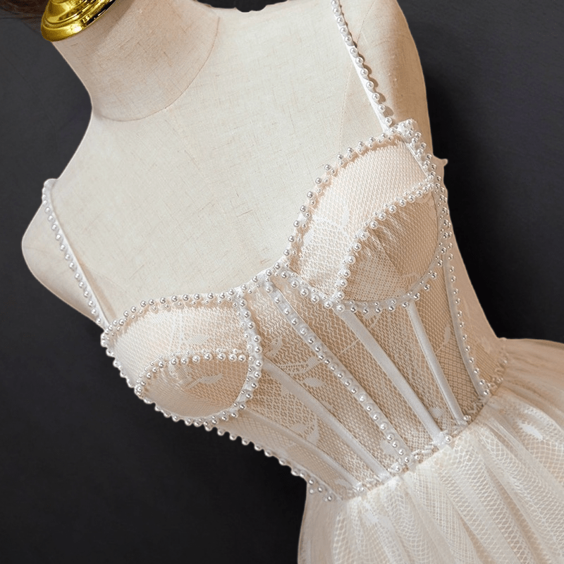 Flesh Pink Pearl-Embellished Short Lace Wedding Dress - Corset Tulle Dress Plus Size - WonderlandByLilian