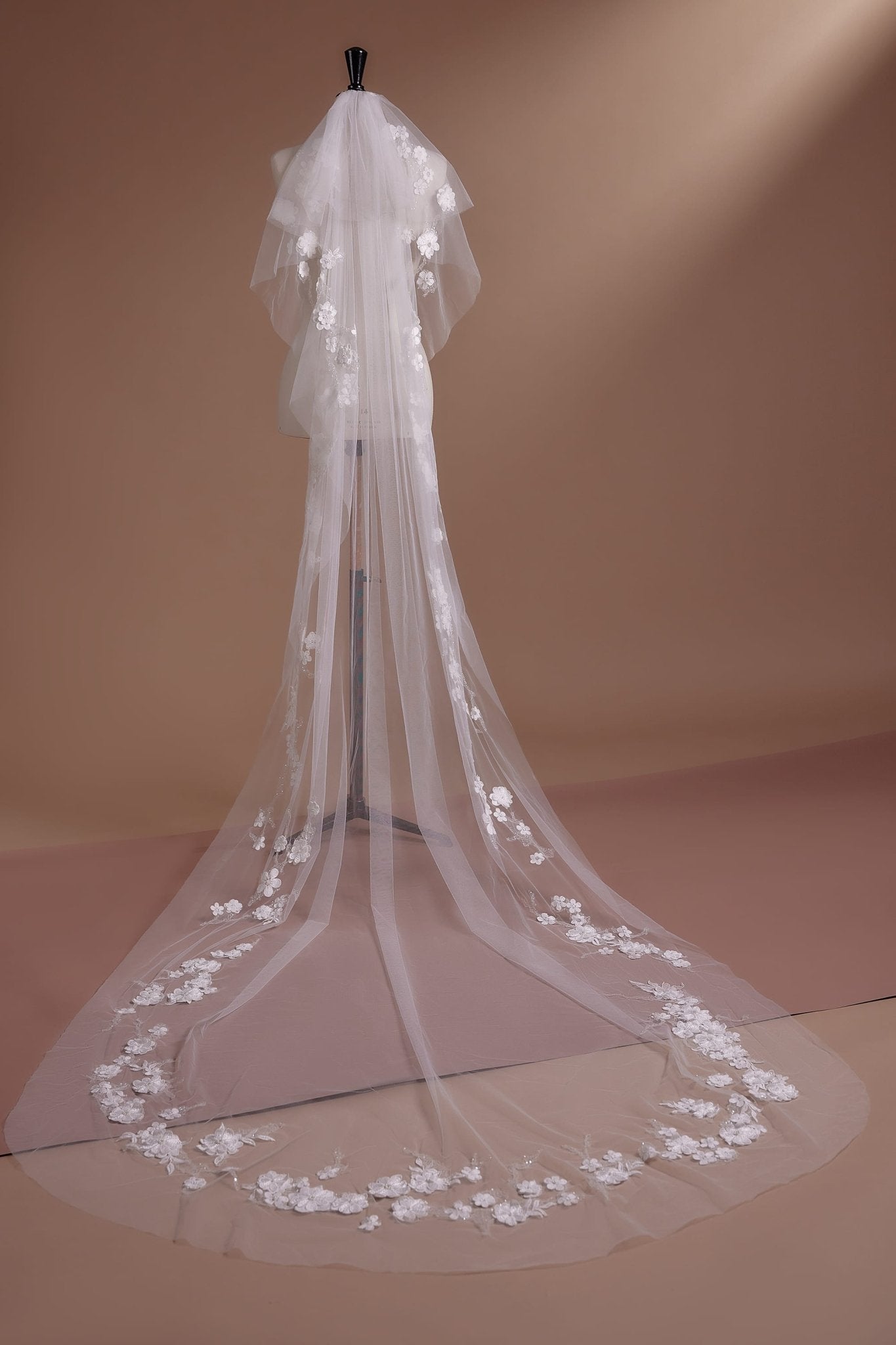 Floral Appliqué Cathedral Veil with Intricate Embroidery for Elegant Brides - WonderlandByLilian