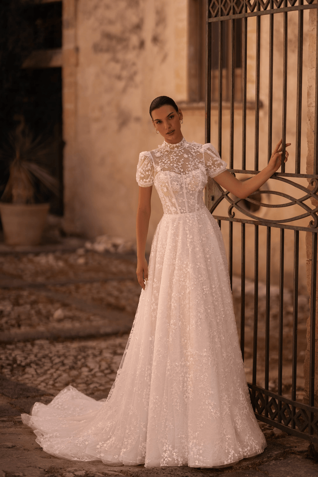 Floral Applique Dress and Lace Wedding Dress with Short Sleeves - High Neck Wedding Dress with Train Plus Size - WonderlandByLilian