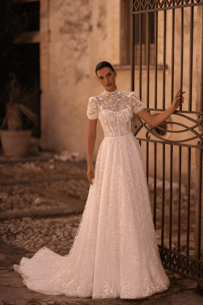 short sleeve high neck wedding dress Agnes Lace Cap Sleeve Wedding Dress