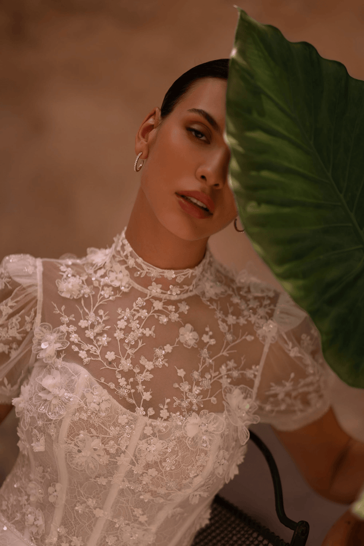 Floral Applique Dress and Lace Wedding Dress with Short Sleeves - High Neck Wedding Dress with Train Plus Size - WonderlandByLilian