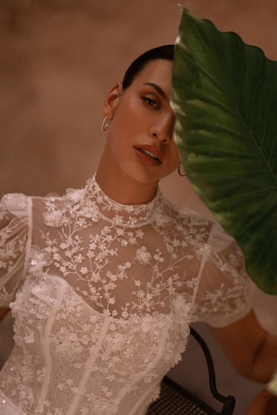 Floral Applique Dress and Lace Wedding Dress with Short Sleeves - High Neck Wedding Dress with Train Plus Size - WonderlandByLilian
