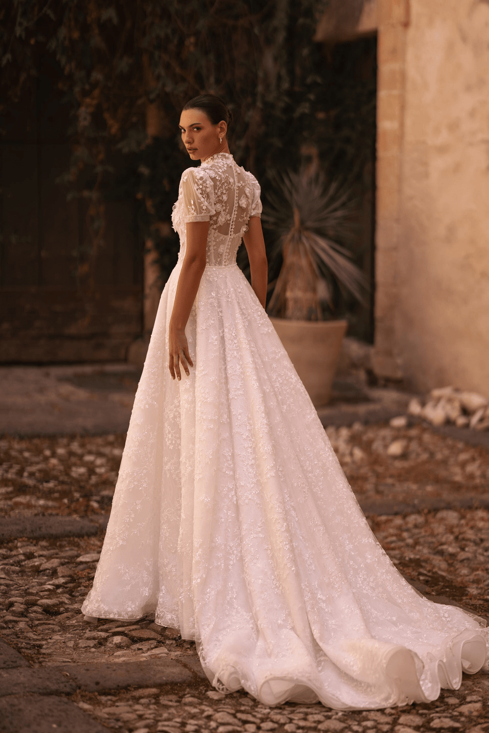 Floral Applique Dress and Lace Wedding Dress with Short Sleeves - High Neck Wedding Dress with Train Plus Size - WonderlandByLilian