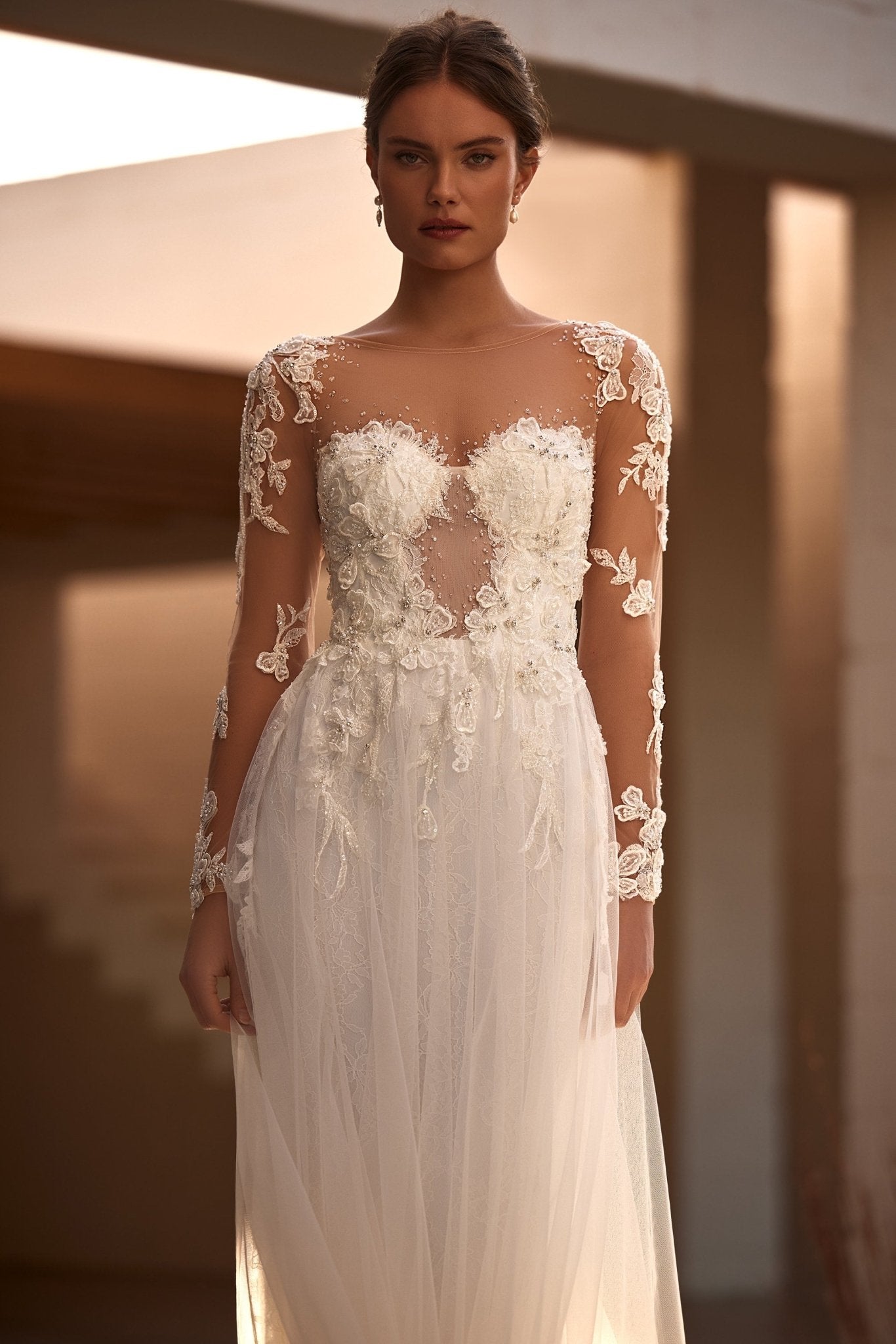 Floral Appliqué Tulle Sleeve Corset Wedding Dress with Cascading Train Plus Size - WonderlandByLilian