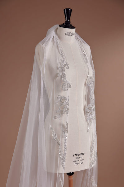 Floral Cathedral Veil with Embroidered Lace and Pearls Plus Size - WonderlandByLilian