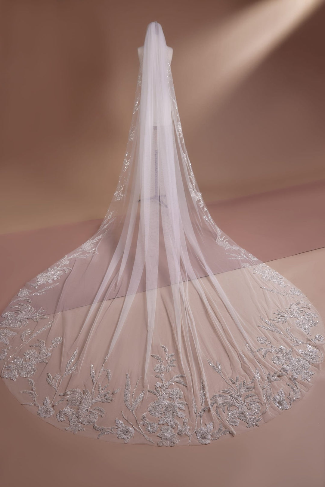 Floral Cathedral Veil with Embroidered Lace and Pearls Plus Size - WonderlandByLilian