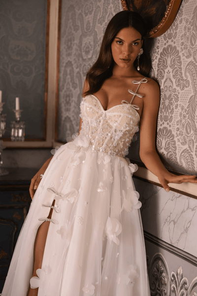 Floral Corset Wedding Dress with Bow Accents - Romantic Whimsical Wedding Dress with High Slit Plus Size - WonderlandByLilian