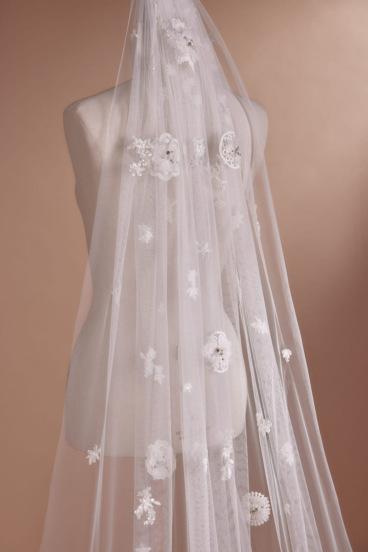 Floral Embellished Cathedral Veil with Pearls Plus Size - WonderlandByLilian