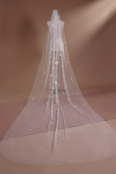 Floral Embellished Cathedral Veil with Pearls Plus Size - WonderlandByLilian