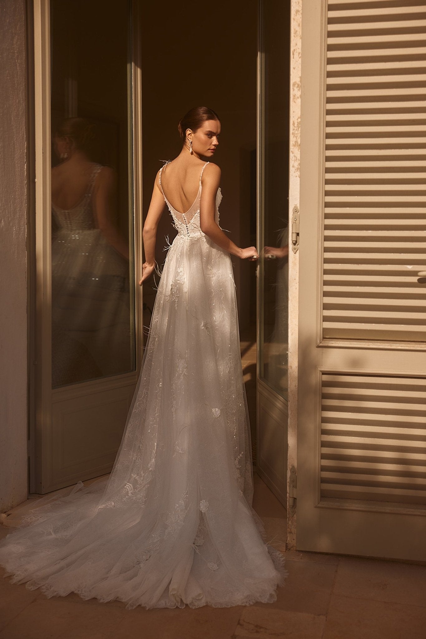Floral Embellished Deep V-Neck Wedding Gown with Airy Tulle Train Plus Size - WonderlandByLilian