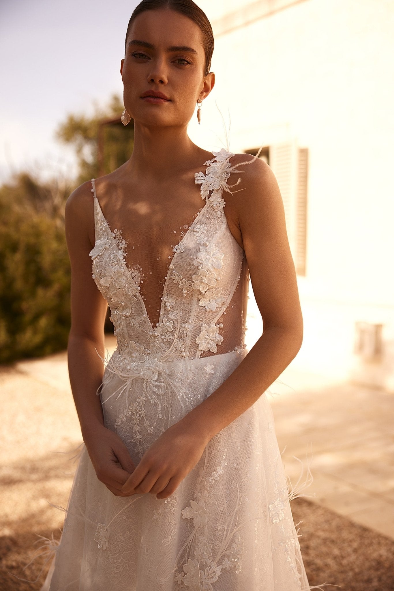 Floral Embellished Deep V-Neck Wedding Gown with Airy Tulle Train Plus Size - WonderlandByLilian
