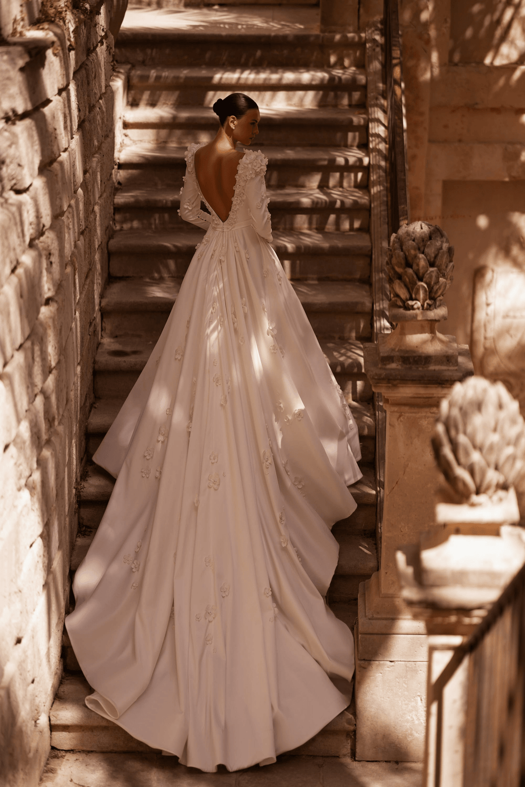 Floral Embellished Gown with Long Sleeves and Train - Royal Wedding Dress with Low Back Plus Size - WonderlandByLilian