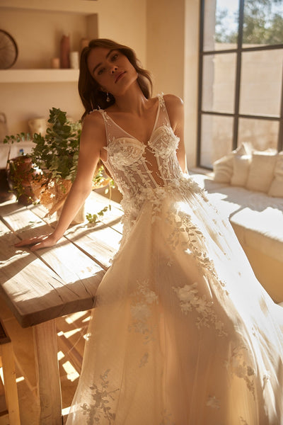 Floral Embroidered Spaghetti Strap Wedding Gown with Sheer Overlay Plus Size - WonderlandByLilian