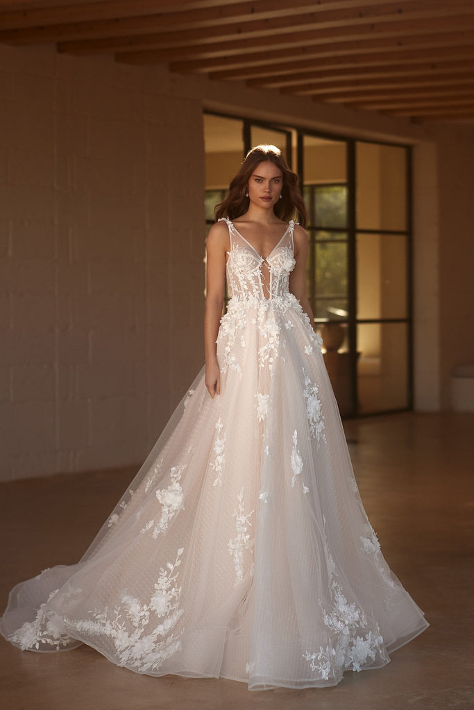 Floral Embroidered Spaghetti Strap Wedding Gown with Sheer Overlay Plus Size Size 24W Floral Embroidered Spaghetti Strap Wedding Gown with Sheer Overlay Plus Size Size 24W