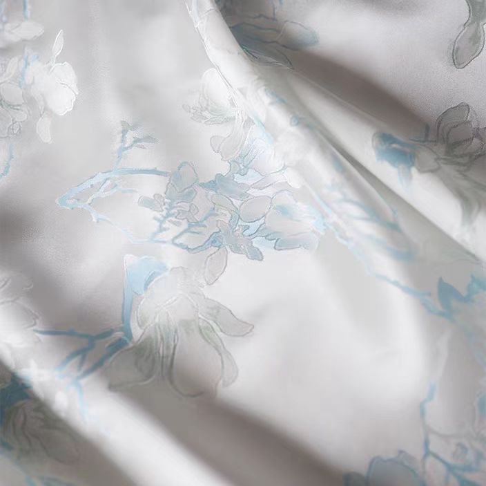 Floral Jacquard Silk Satin Blend in Soft White and Light Blue - WonderlandByLilian