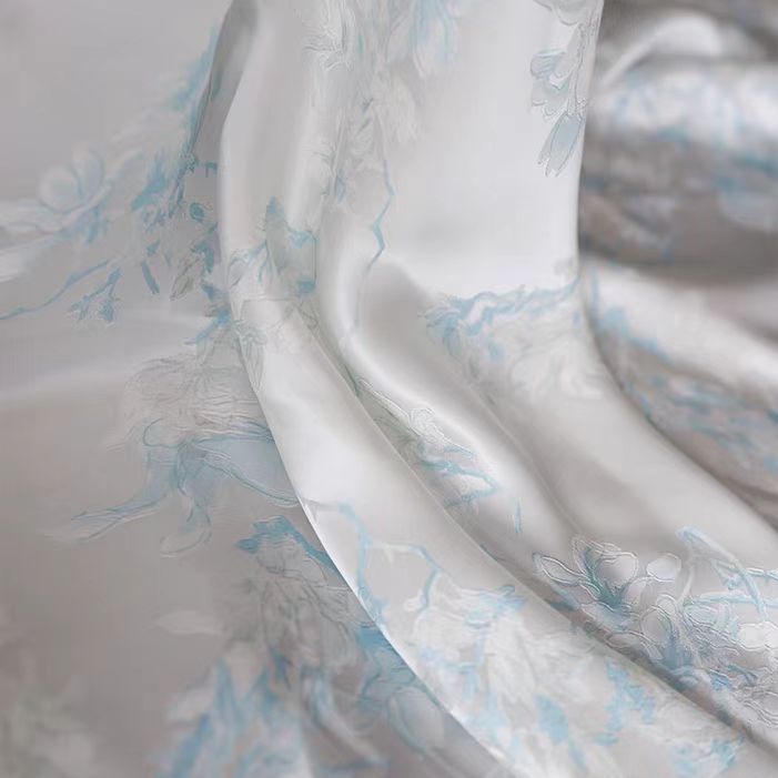 Floral Jacquard Silk Satin Blend in Soft White and Light Blue - WonderlandByLilian