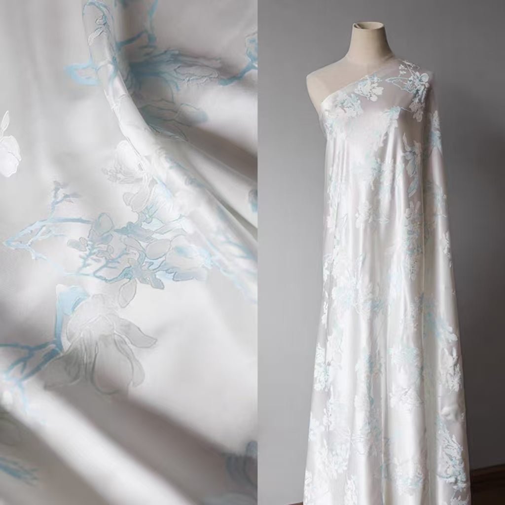 Floral Jacquard Silk Satin Blend in Soft White and Light Blue - WonderlandByLilian