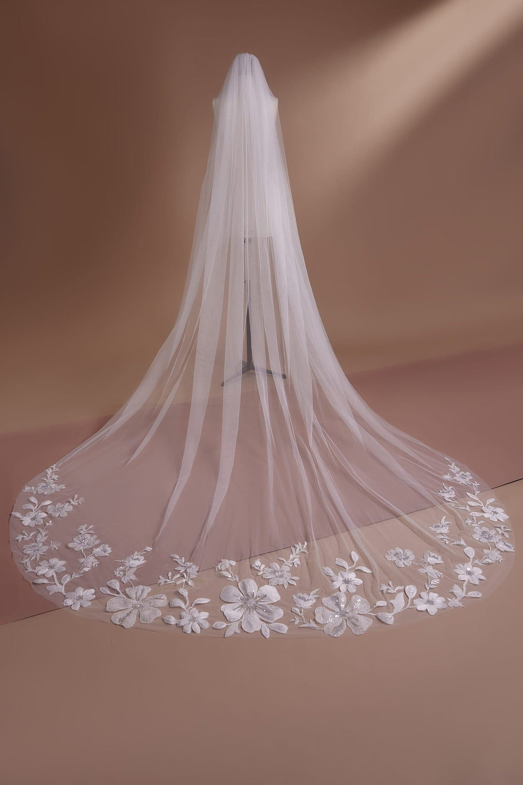 Floral Lace Appliqué Cathedral Veil with Elegant Embroidery for Romantic Brides - WonderlandByLilian