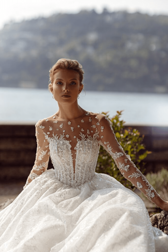 Floral Lace Wedding Dress - Corset Back Wedding Dress - Aline Wedding Dress with Lace Sleeves Plus Size - WonderlandByLilian