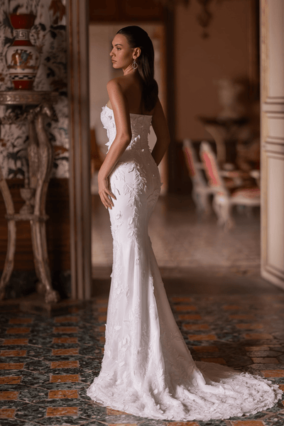 Floral Lace Wedding Dress with Train - Tulle Mermaid Wedding Gown and Strapless Wedding Dress Plus Size - WonderlandByLilian