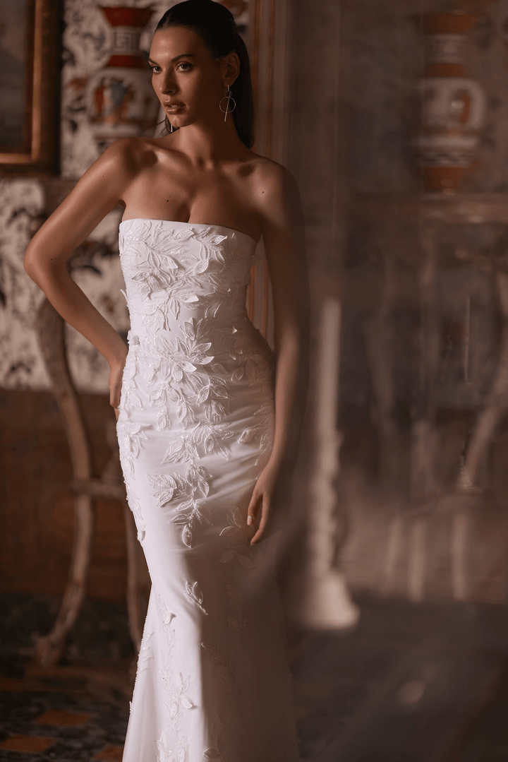 Floral Lace Wedding Dress with Train - Tulle Mermaid Wedding Gown and Strapless Wedding Dress Plus Size - WonderlandByLilian