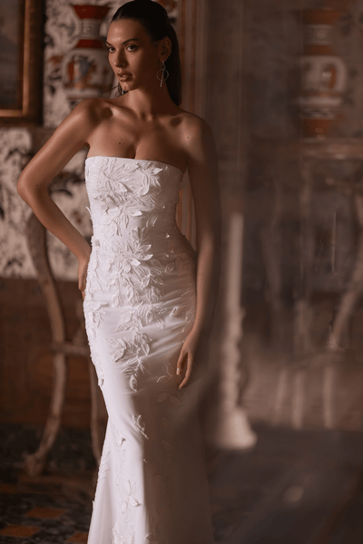 Floral Lace Wedding Dress with Train - Tulle Mermaid Wedding Gown and Strapless Wedding Dress Plus Size - WonderlandByLilian