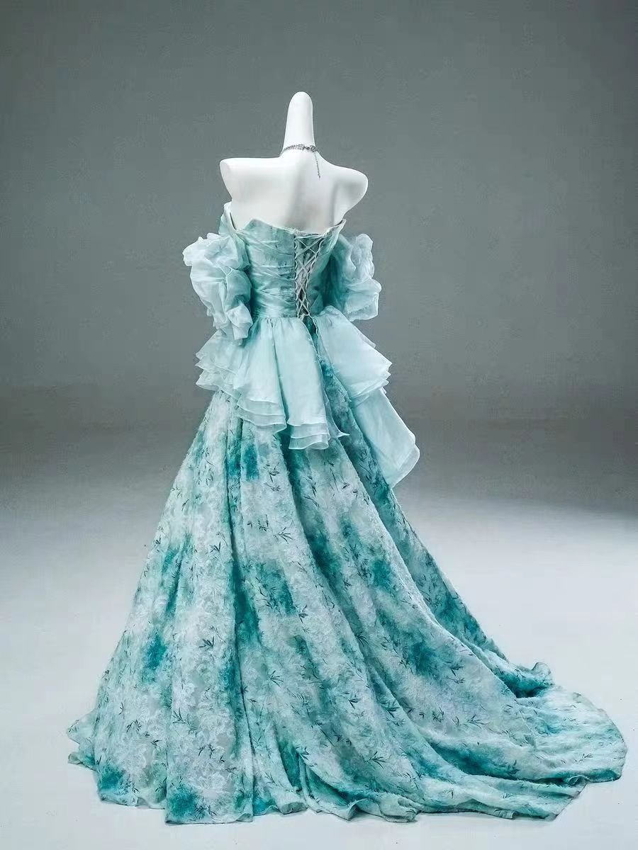 Aqua Blue Floral Off-Shoulder Vintage Ball Gown Evening Dress - Plus Size Size 2 / Blue Aqua Blue Floral Off-Shoulder Vintage Ball Gown Evening Dress - Plus Size Size 2 / Blue