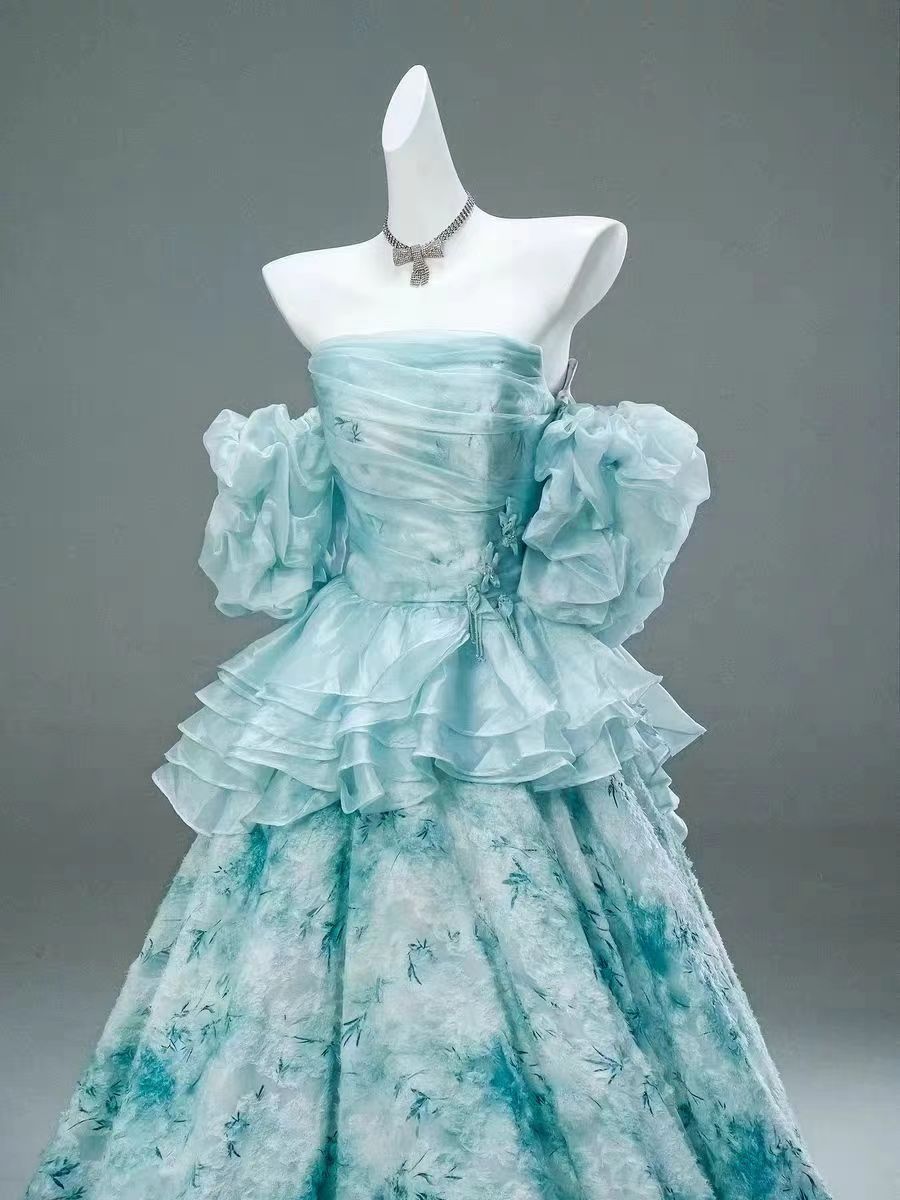 Aqua Blue Floral Off-Shoulder Vintage Ball Gown Evening Dress - Plus Size Size 2 / Blue Aqua Blue Floral Off-Shoulder Vintage Ball Gown Evening Dress - Plus Size Size 2 / Blue