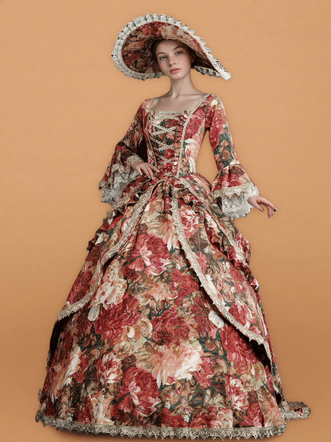 Floral Red Rococo Style Dress with Lace Bell Sleeves – Marie Antoinette Inspired Gown for Costume Ball or Theater - WonderlandByLilian