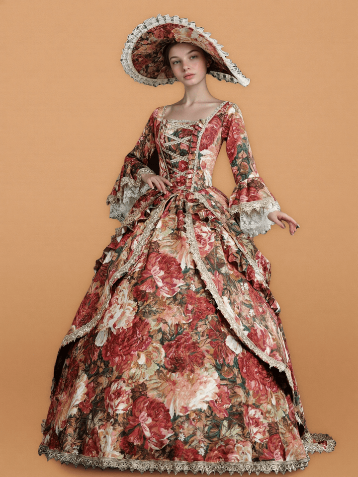 Floral Red Rococo Style Dress with Lace Bell Sleeves – Marie Antoinette Inspired Gown for Costume Ball or Theater - WonderlandByLilian