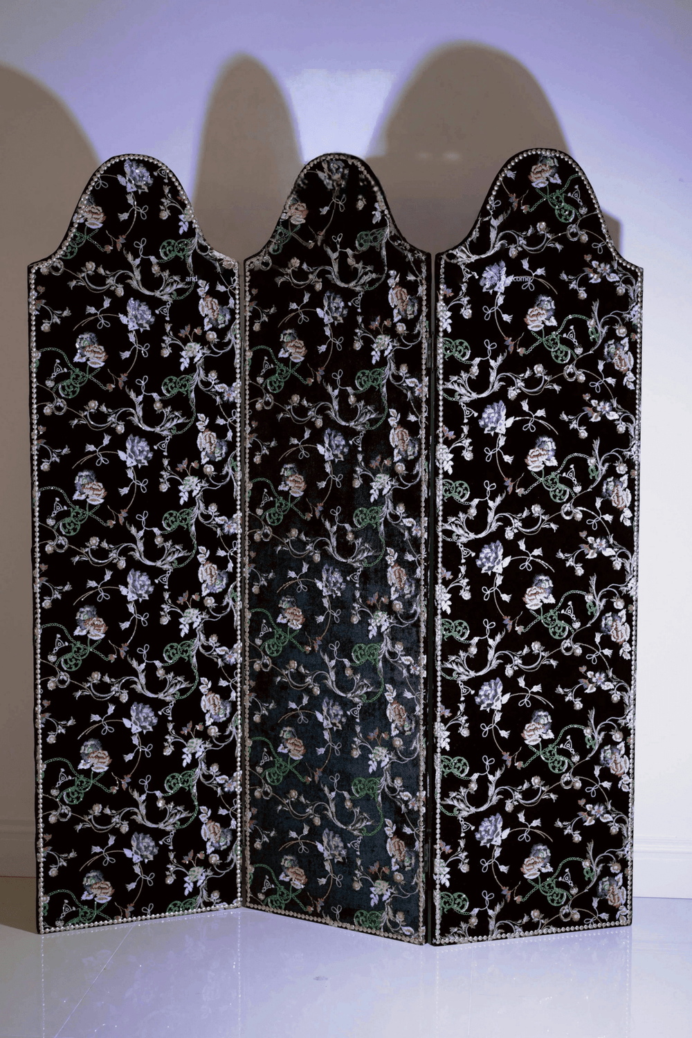 Floral Room Divider with Embroidered Black Velvet – Decorative Folding Screen Vintage Retro Hand - Craft - WonderlandByLilian